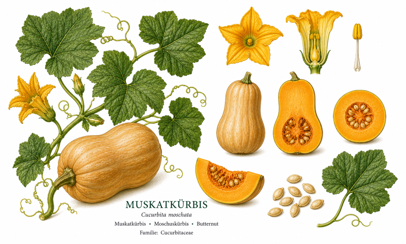 Musk squash plant card: Vegetables, Gourds, Harvest Sep, Oct, Nov