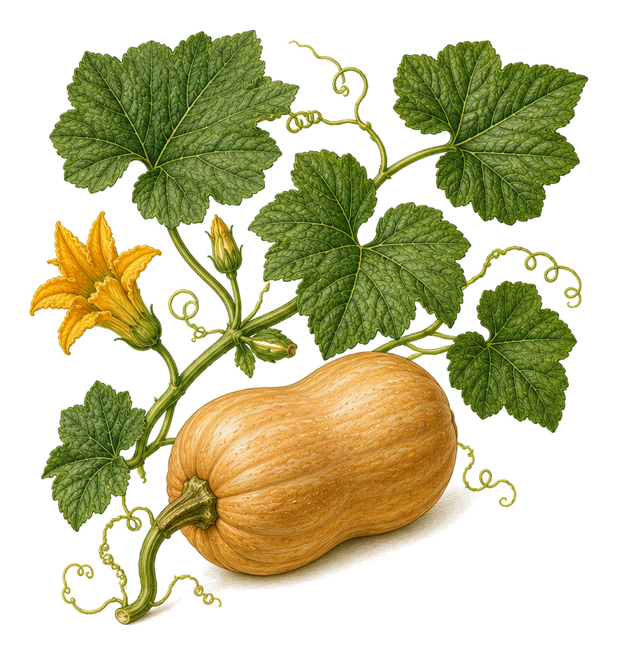 Musk squash (Cucurbita moschata): whole plant for plant portrait - Cucurbits, Gourds, Harvest September - November