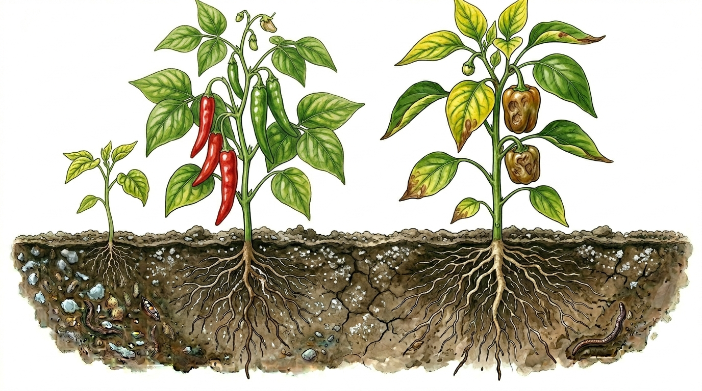 Botanical illustration in cross-section showing vegetable plants with clear symptoms of nutrient deficiency such as