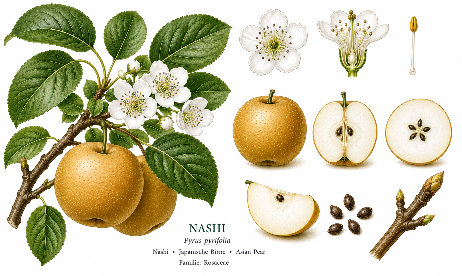 Asian pear plant card: Fruit, Rose family, Harvest Aug, Sep, Oct