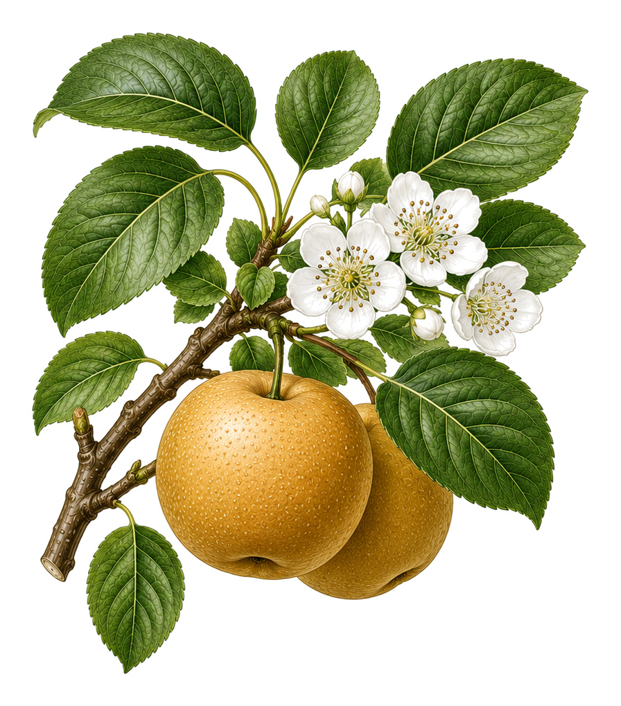 Nashi (Pyrus pyrifolia): Ganze Pflanze für Pflanzenportrait - Obst, Rosengewächse, Ernten August - Oktober