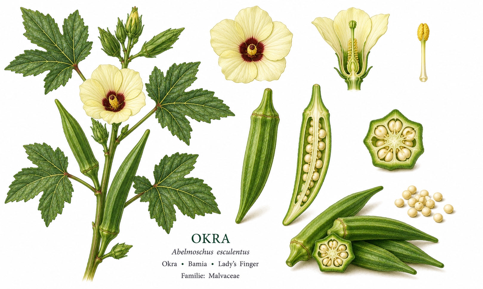 Okra plant card: Vegetables, Mallows, Harvest Jul, Aug, Sep, Oct