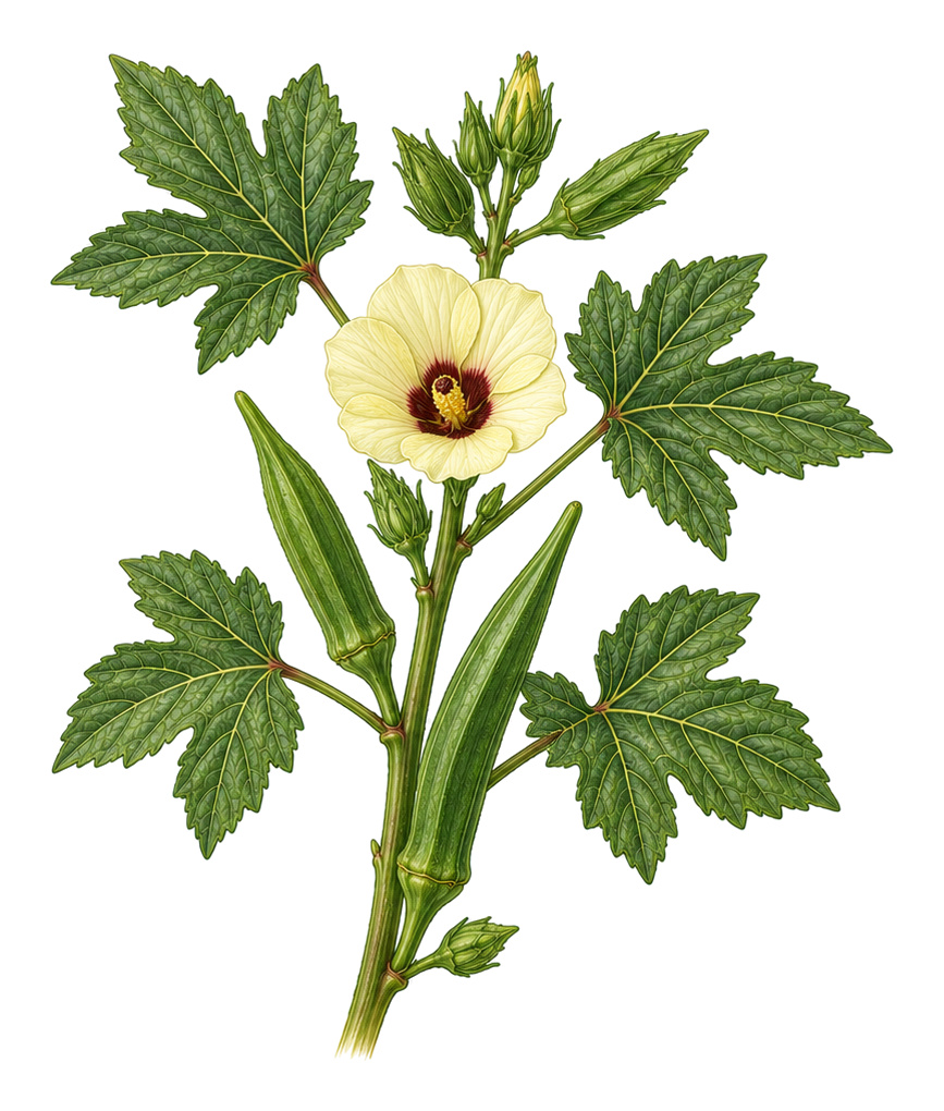 Okra (Abelmoschus esculentus): Ganze Pflanze für Pflanzenportrait - Fruchtgemüse, Malvengewächse, Ernten Juli - Oktober