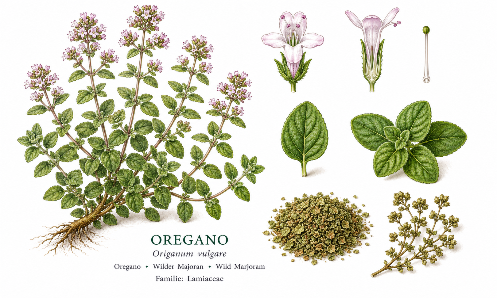 Oregano (Origanum vulgare): Pflanzenportrait für Pflanzenportrait - Kräuter, Lippenblütler, Ernten Jun, Jul, Aug, Sep, Okt