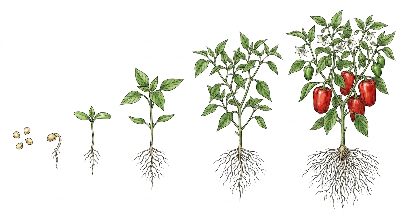 Botanische Illustration der Wachstumsstadien einer Paprikapflanze vom Samen bis zur reifen Frucht
