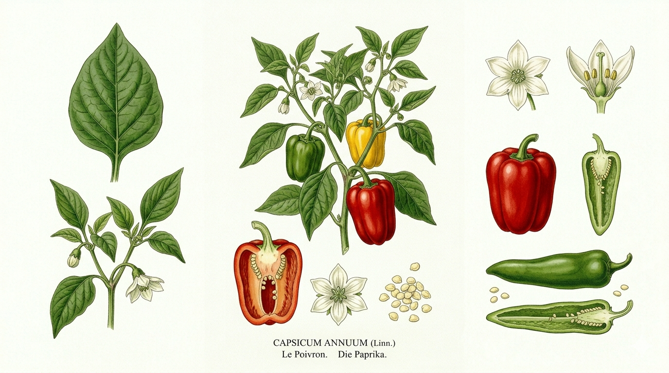 Pepper plant card: Vegetables, Nightshades, Harvest Jul, Aug, Sep, Oct