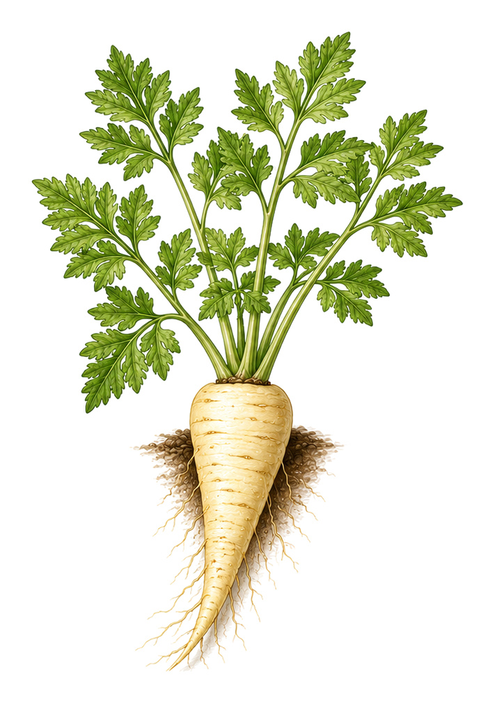Parsnip (Pastinaca sativa): whole plant for plant portrait - Root vegetables, Carrot family, Harvest January - February