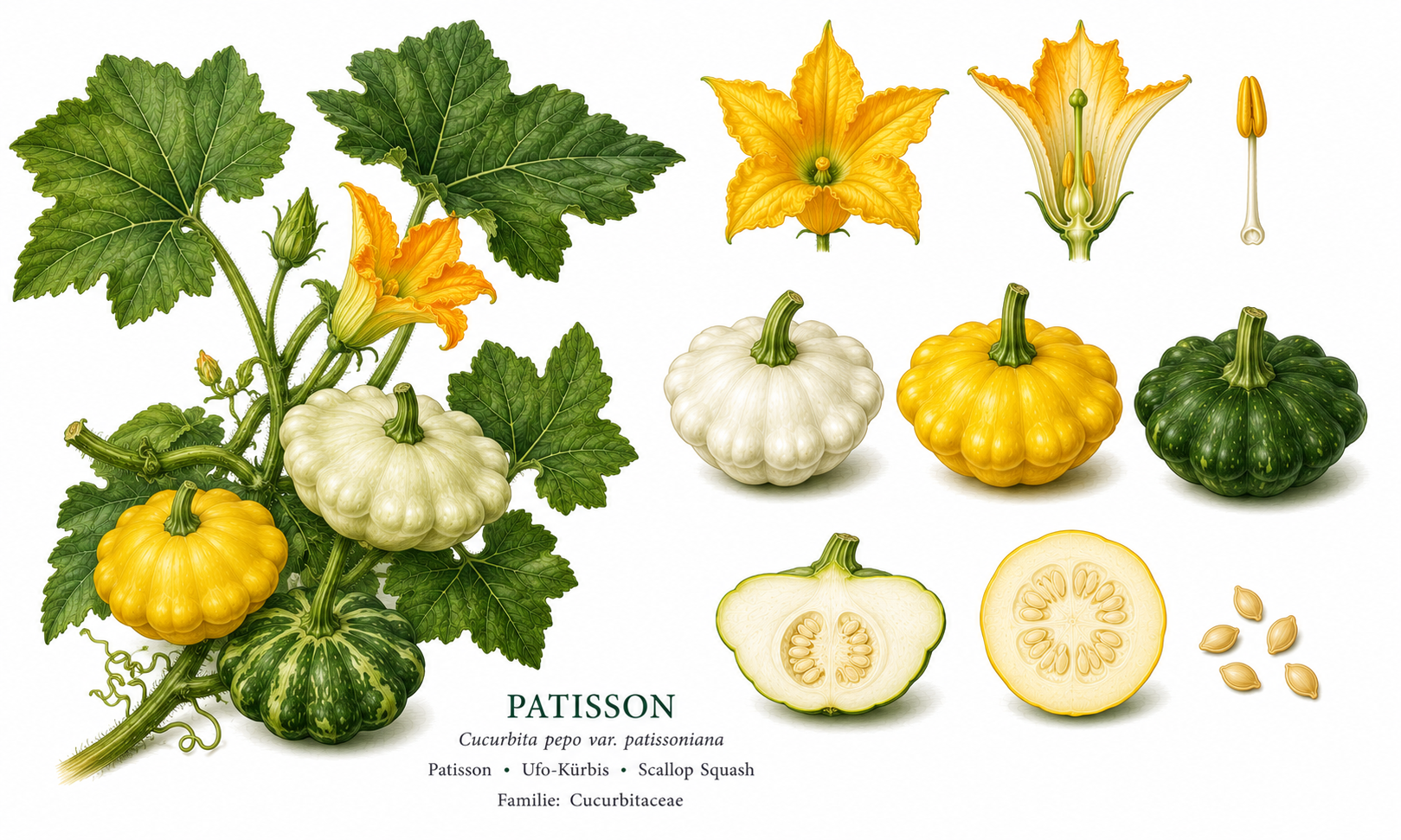 pattypan squash plant card: Vegetables, Gourd family, Harvest Jul, Aug, Sep, Oct