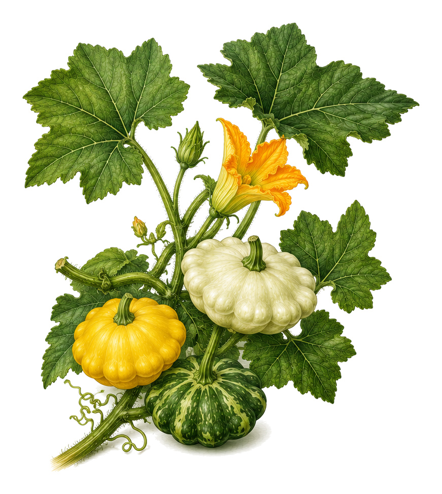 Patisson (Cucurbita pepo var. clypeata): Ganze Pflanze für Pflanzenportrait - Gemüse, Kürbisgewächse, Ernten Juli - Oktober
