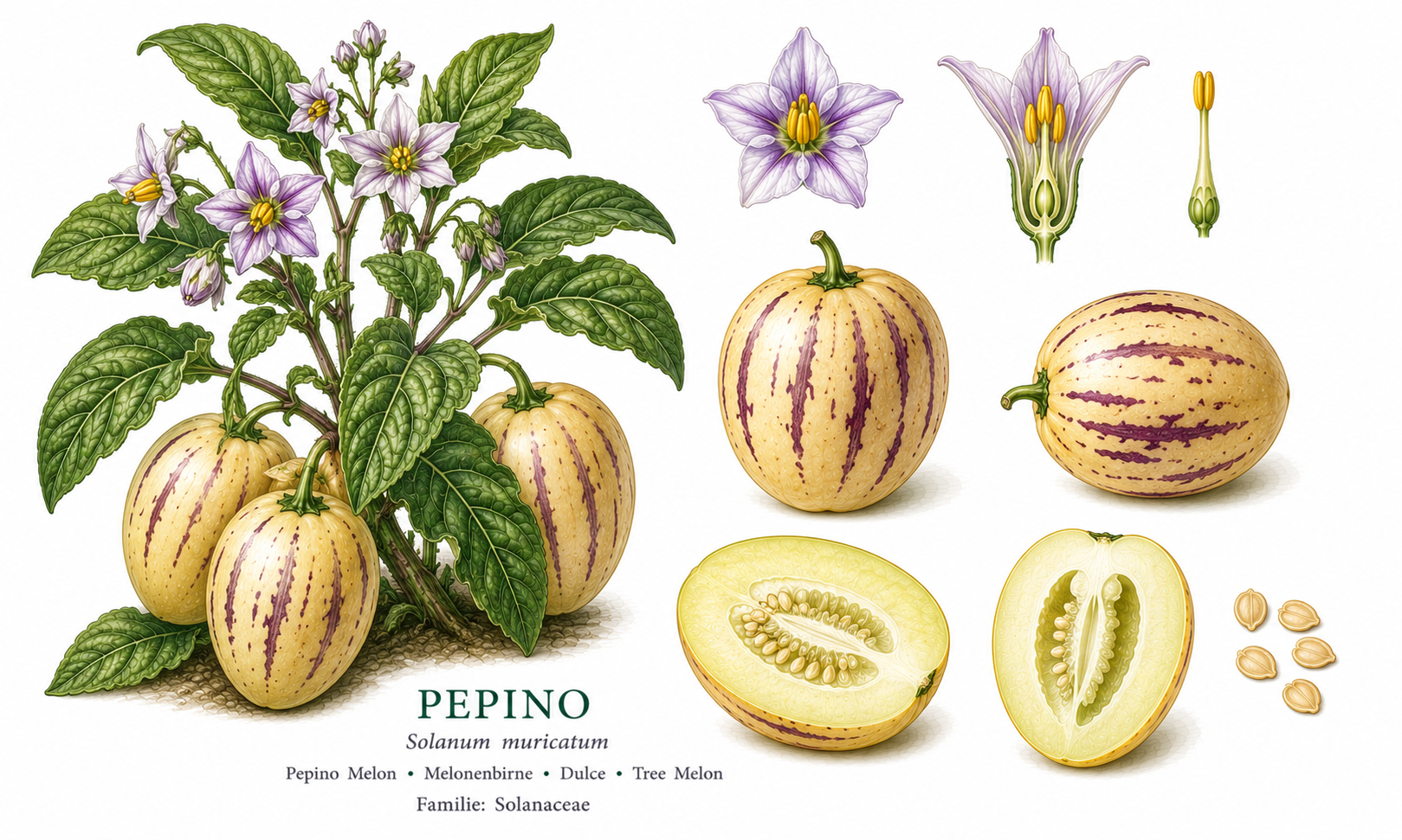 Pepino plant card: Fruit vegetables, Nightshades, Harvest Aug, Sep, Oct