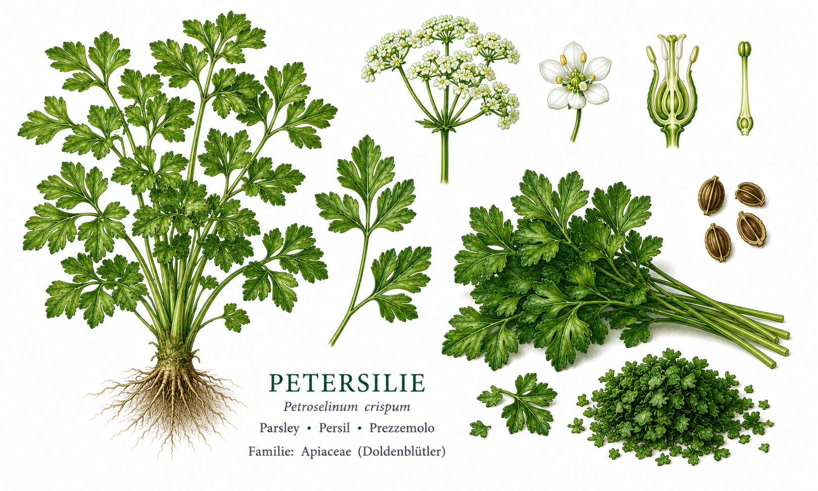 Petersilie (Petroselinum crispum): Pflanzenportrait für Pflanzenportrait - Kräuter, Doldenblütler, Ernten Mai, Jun, Jul