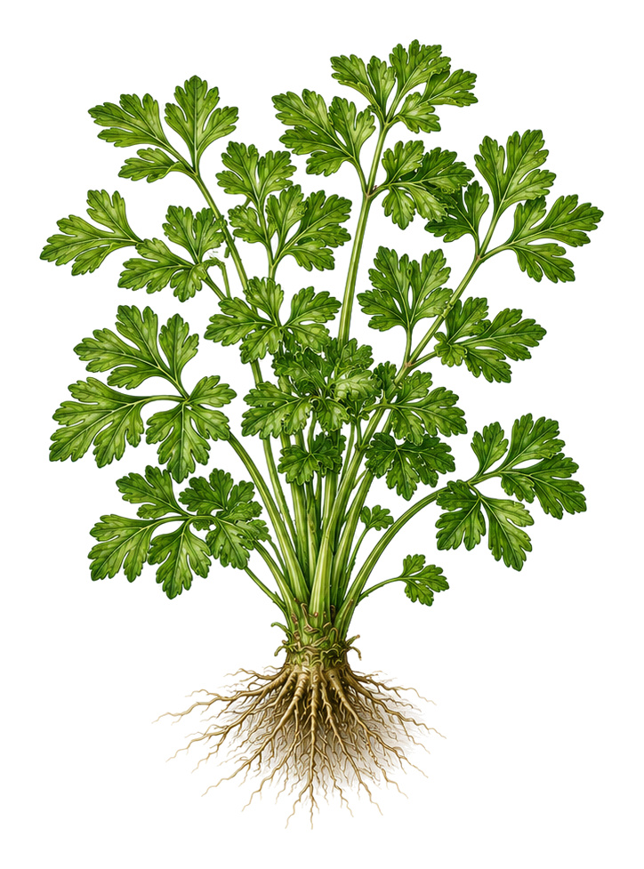 Petersilie (Petroselinum crispum): Ganze Pflanze für Pflanzenportrait - Kräuter, Doldenblütler, Ernten Mai - November