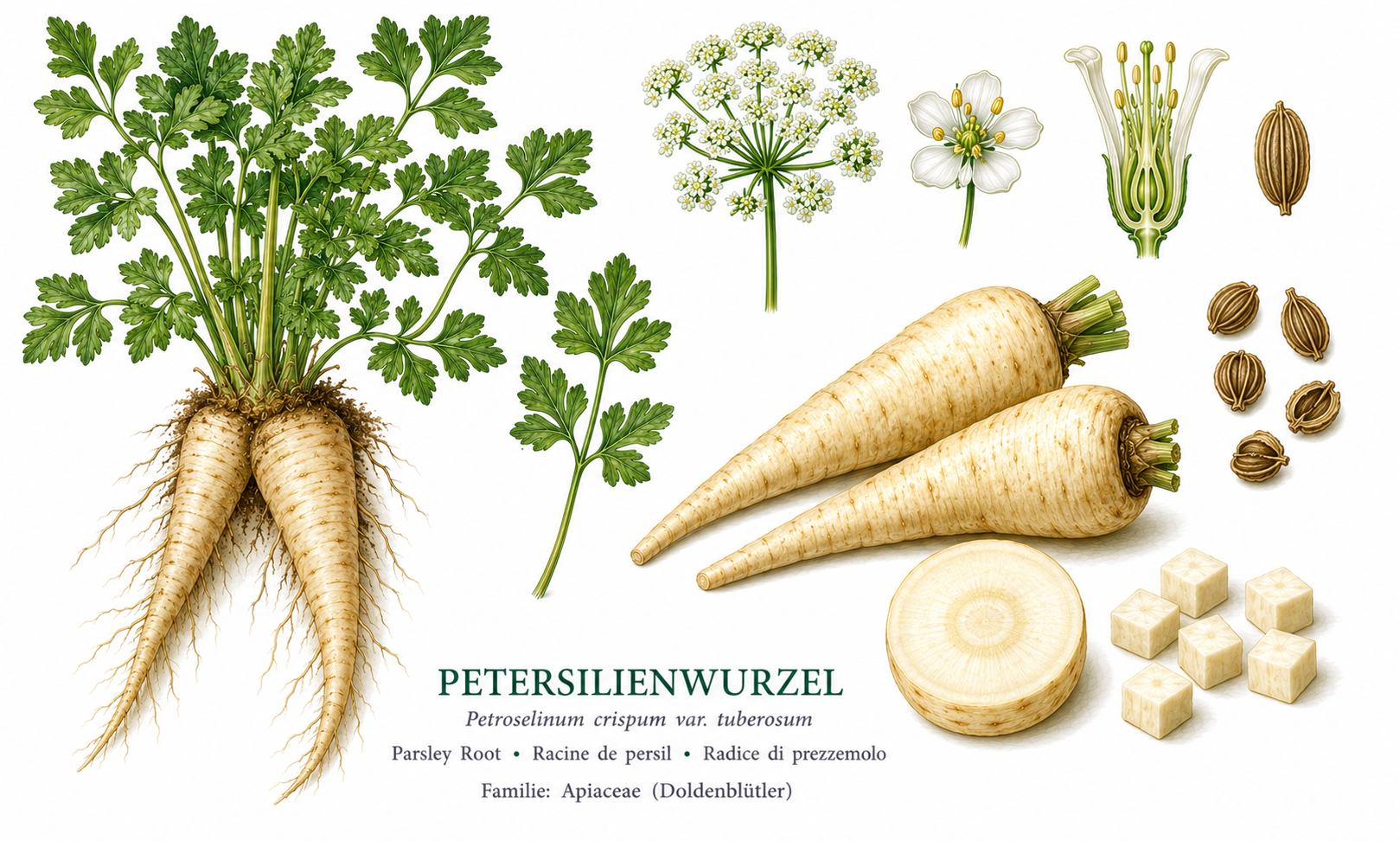 Root Parsley plant card: Vegetables, Umbellifers, Harvest Sep, Oct, Nov, Dec