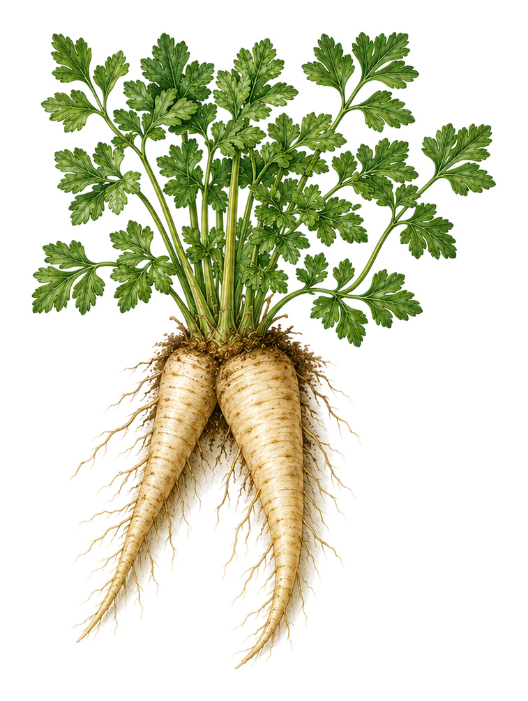 Root Parsley (Petroselinum crispum subsp. tuberosum): whole plant for plant portrait - Root vegetables, Umbellifers, Harvest