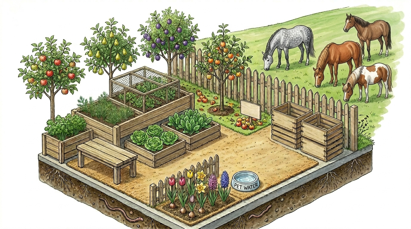 Botanische Illustration im Querschnitt, die ein gartensicheres Koppel-Layout zeigt: Im Vordergrund befindet sich ein