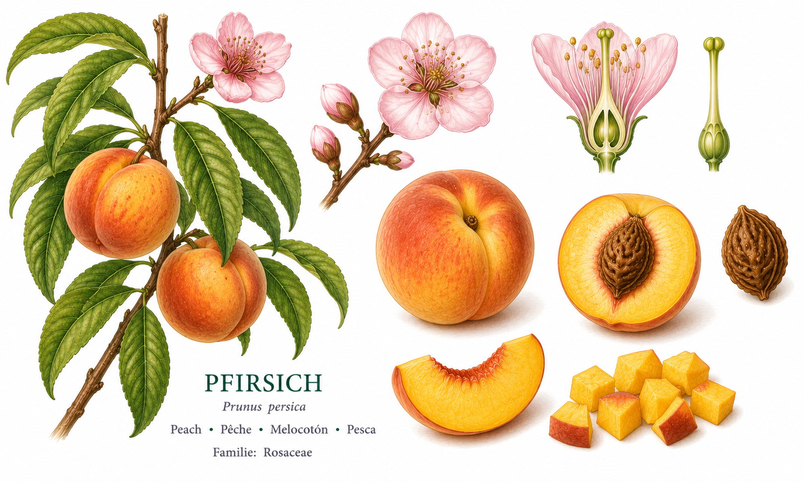 Peach plant card: Fruit, Rose family, Harvest Jul, Aug, Sep