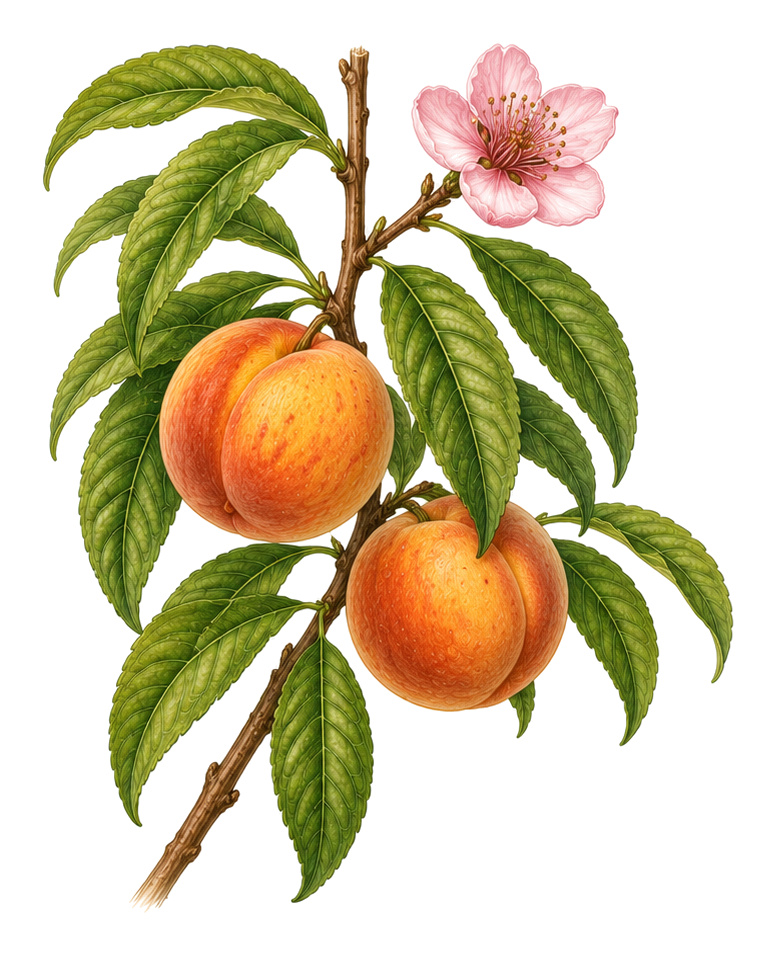 Peach (Prunus persica): whole plant for plant portrait - Stone fruit, Rose family, Harvest July - September