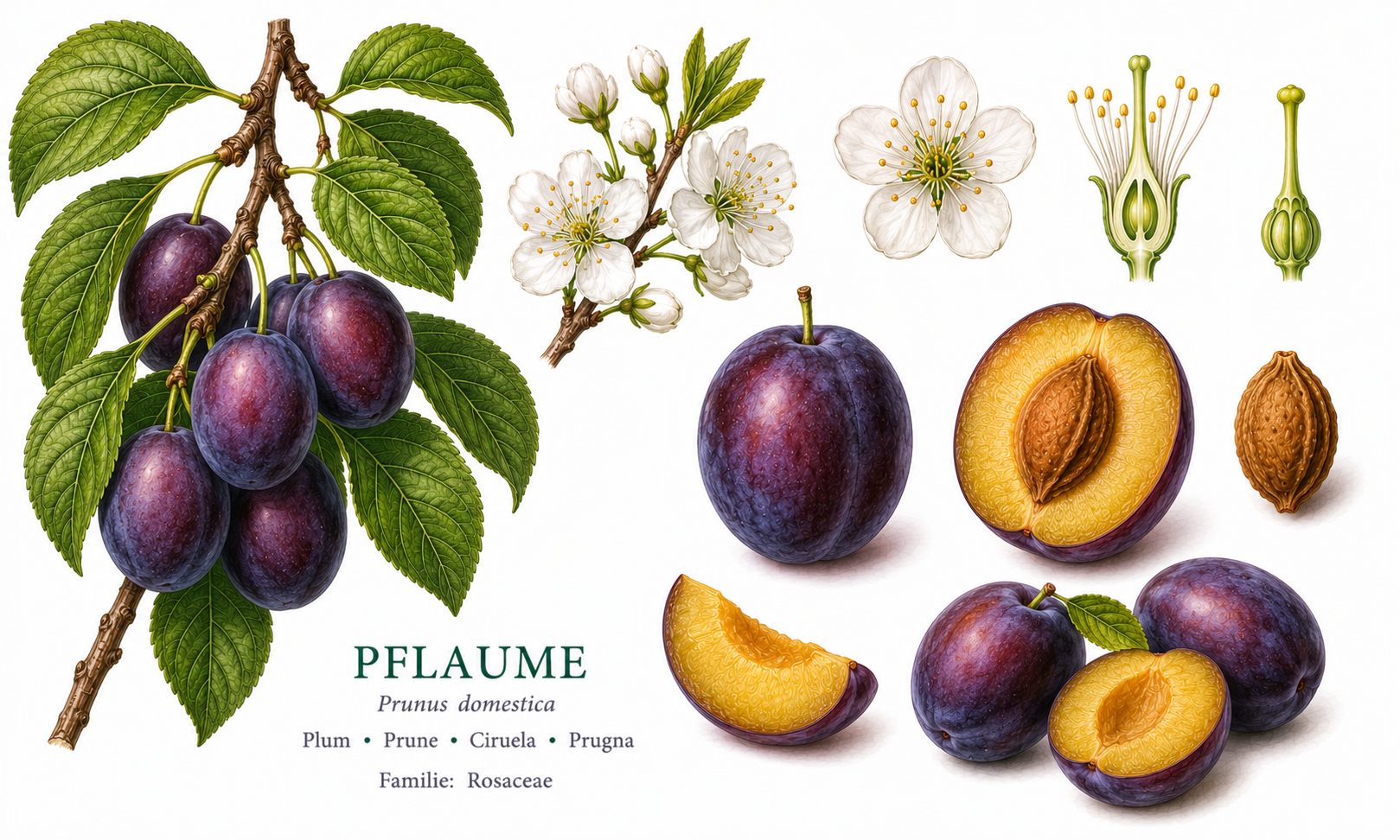 European Plum plant card: Fruit, Rose family, Harvest Jul, Aug, Sep, Oct