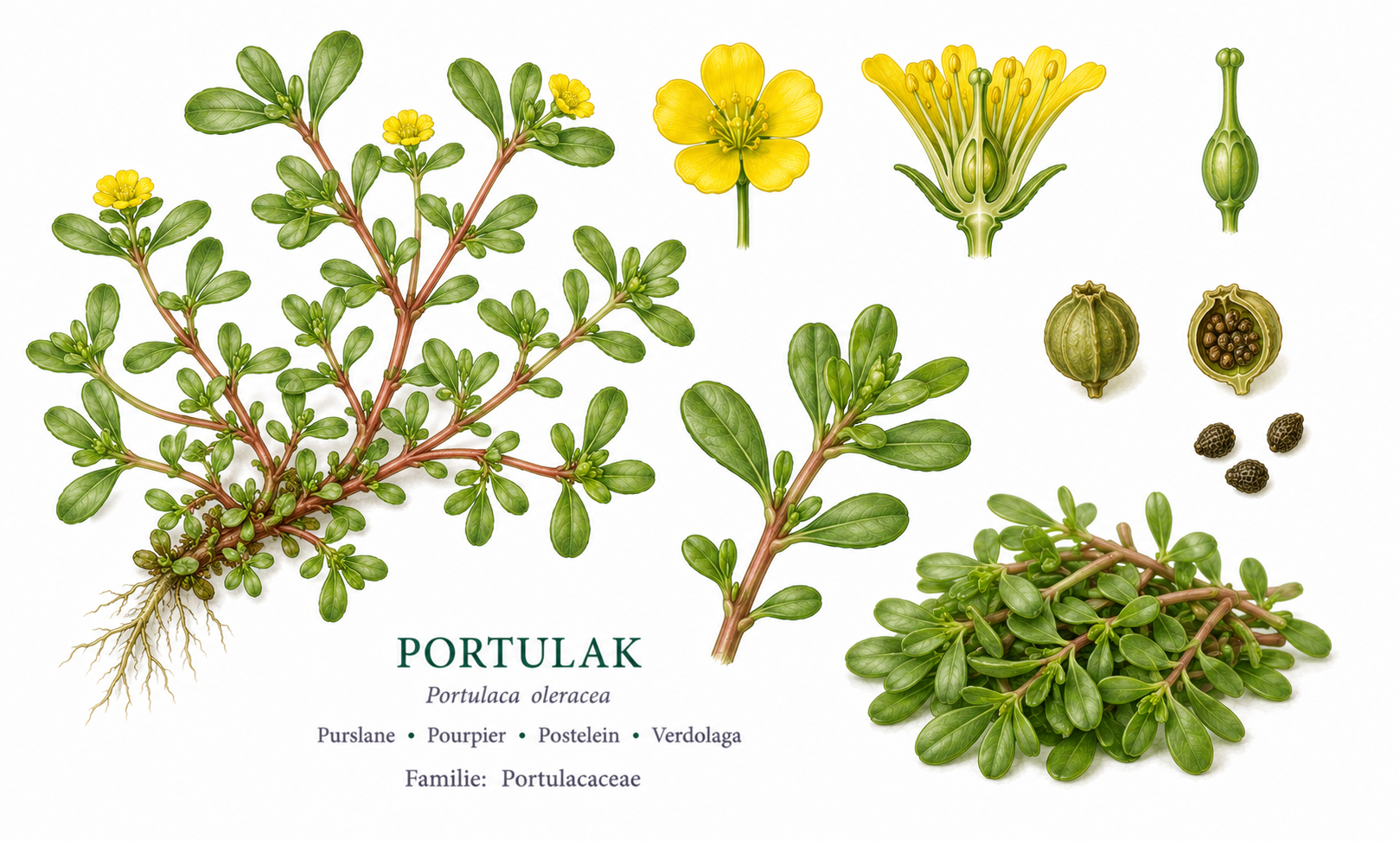Common Purslane plant card: Vegetables, Purslanes, Harvest Jun, Jul, Aug, Sep, Oct