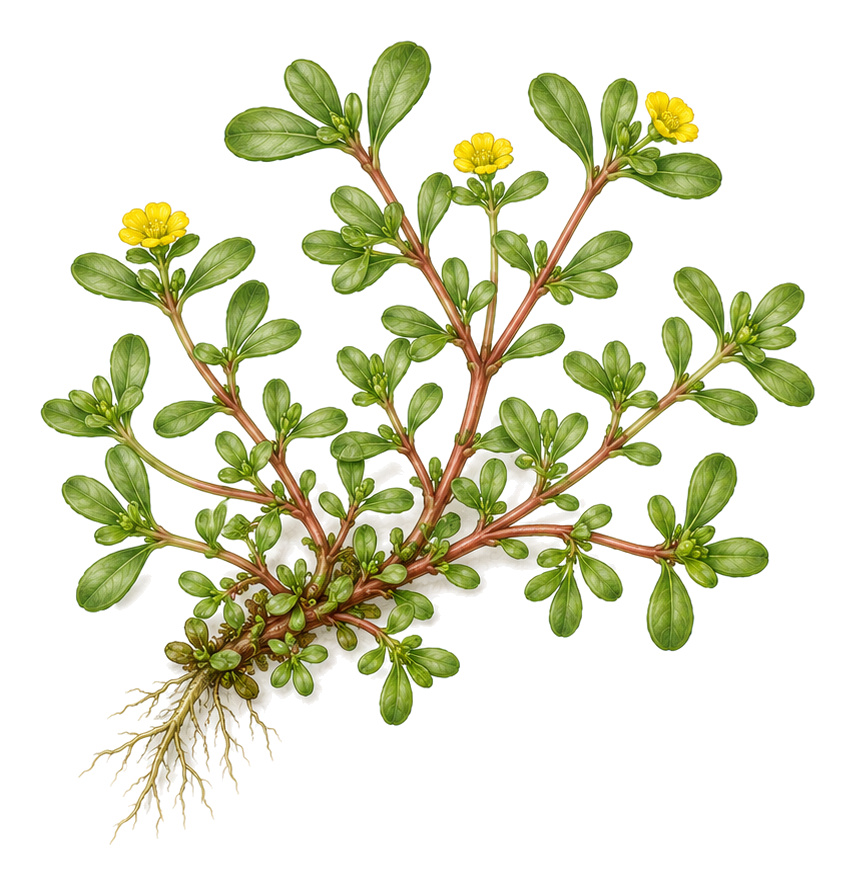 Common Purslane (Portulaca oleracea): whole plant for plant portrait - Salads, Purslanes, Harvest June - October