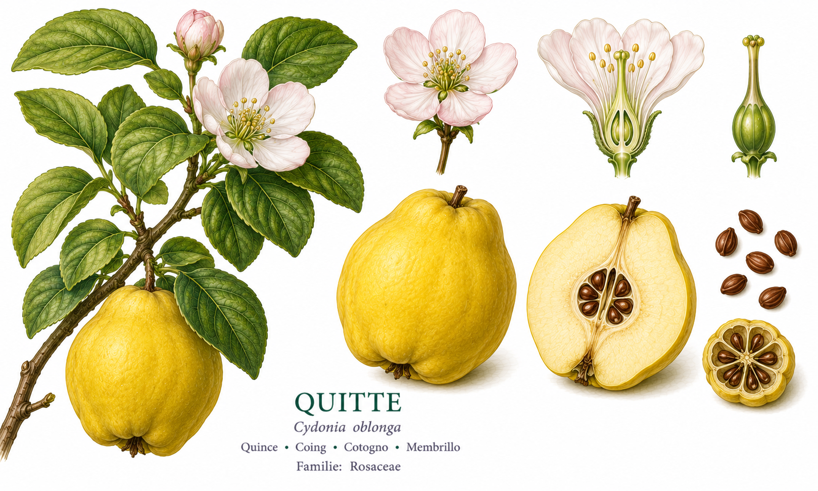 Quince plant card: Fruit, Rose family, Harvest Sep, Oct, Nov