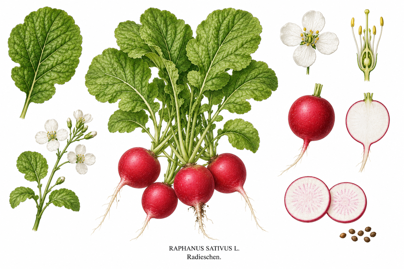 Radish plant card: Vegetables, Mustard family, Full sun to partial shade