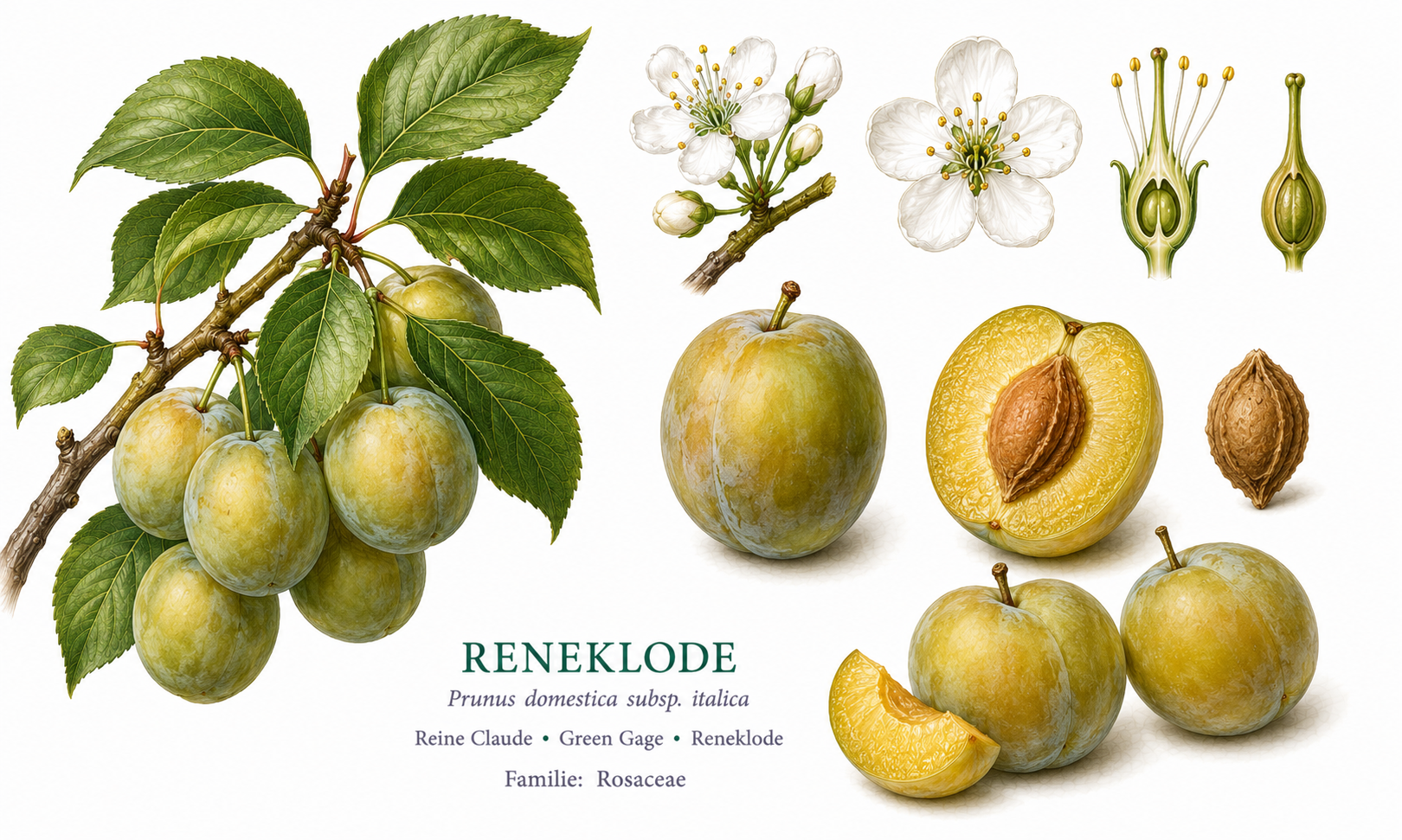 Greengage plant card: Fruit, Rose family, Harvest Aug, Sep