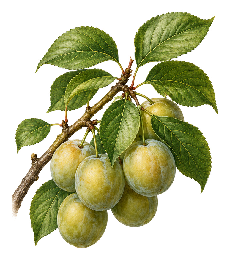 Greengage (Prunus domestica subsp. italica): whole plant for plant portrait - Stone fruit, Rose family, Harvest August