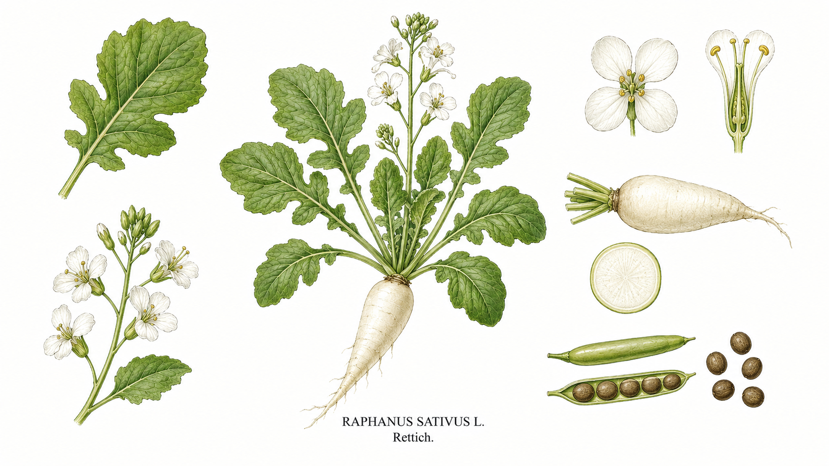 Radish plant card: Vegetables, Mustard family, Harvest Apr, May, Jun, Jul, Aug, Sep, Oct, Nov