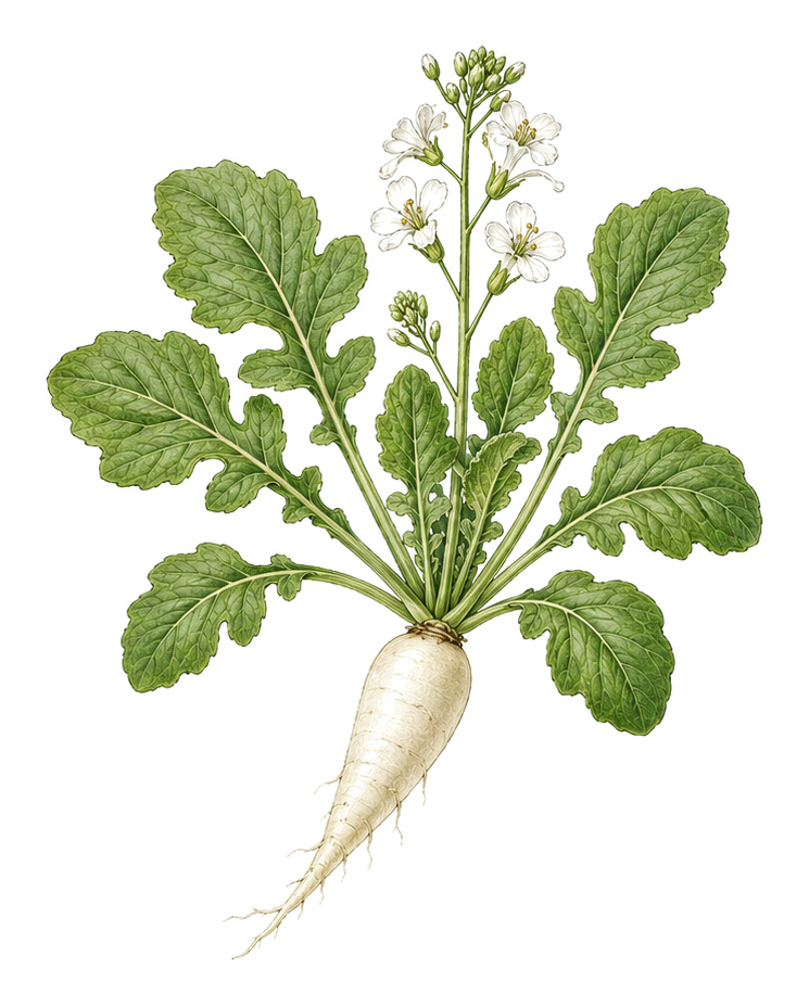 Radish (Raphanus sativus): whole plant for plant portrait - Root vegetables, Mustard family, Harvest April - November