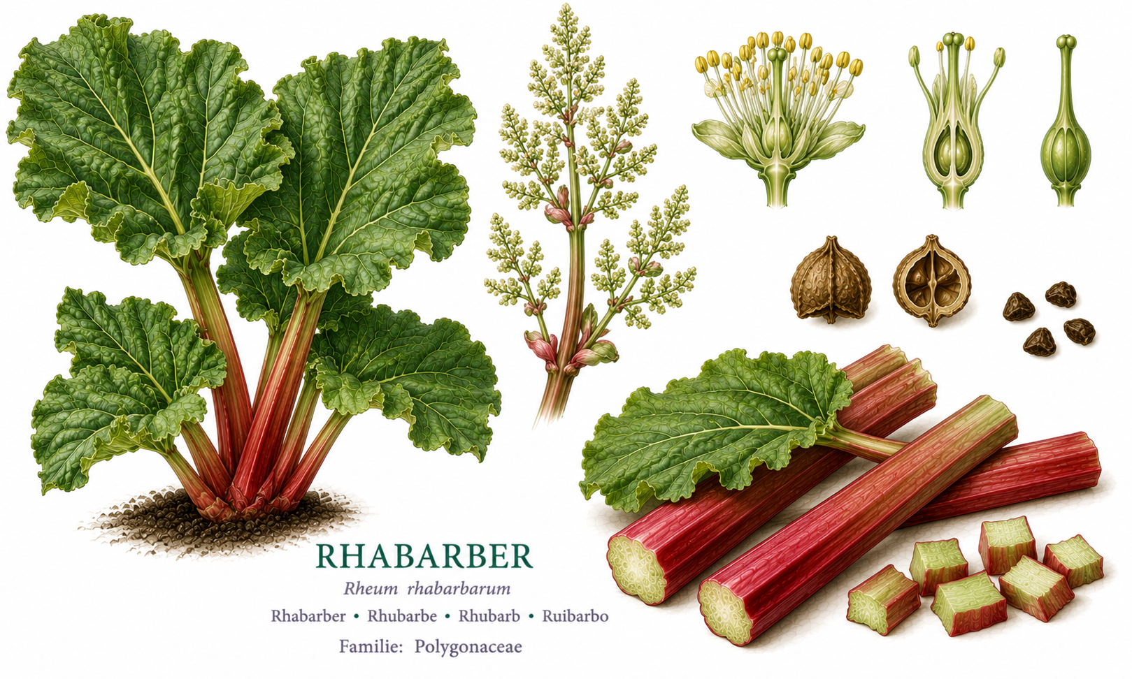Rhubarb plant card: Vegetables, Buckwheat family, Harvest Apr, May, Jun