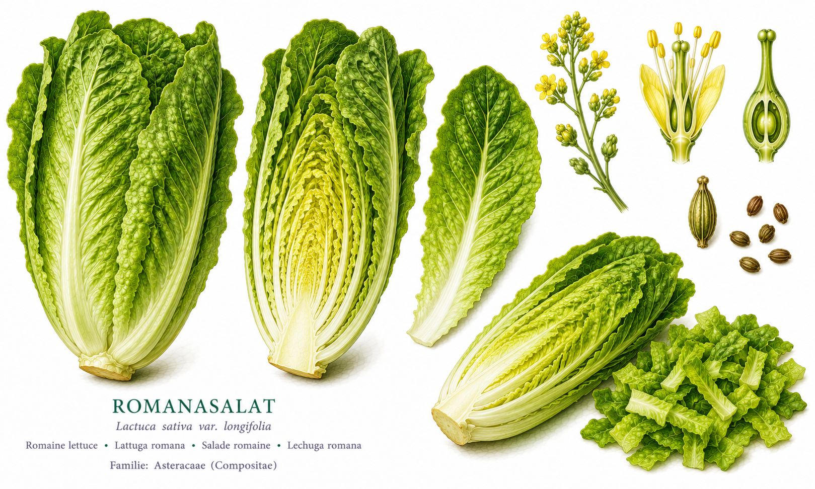 Romaine lettuce plant card: Vegetables, Daisy family, Harvest May, Jun, Jul, Aug, Sep, Oct