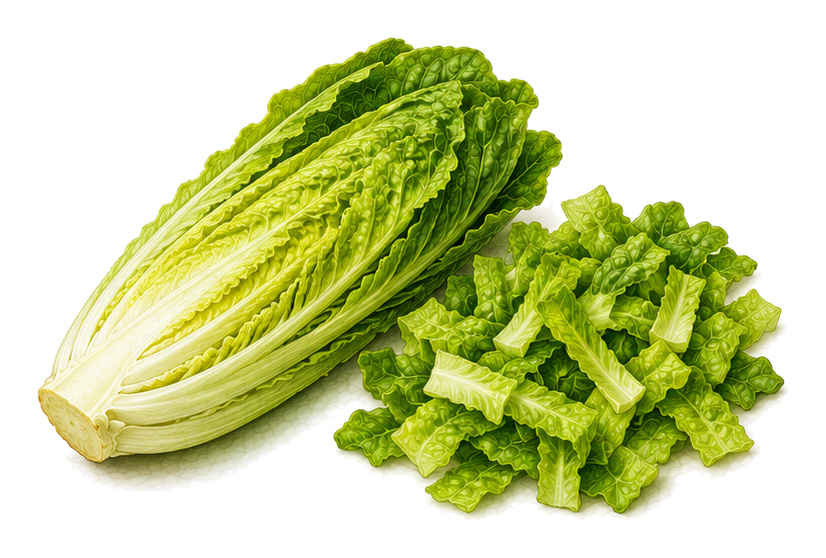 Romaine lettuce (Lactuca sativa var. longifolia): whole plant for plant portrait - Salads, Daisy family, Harvest May