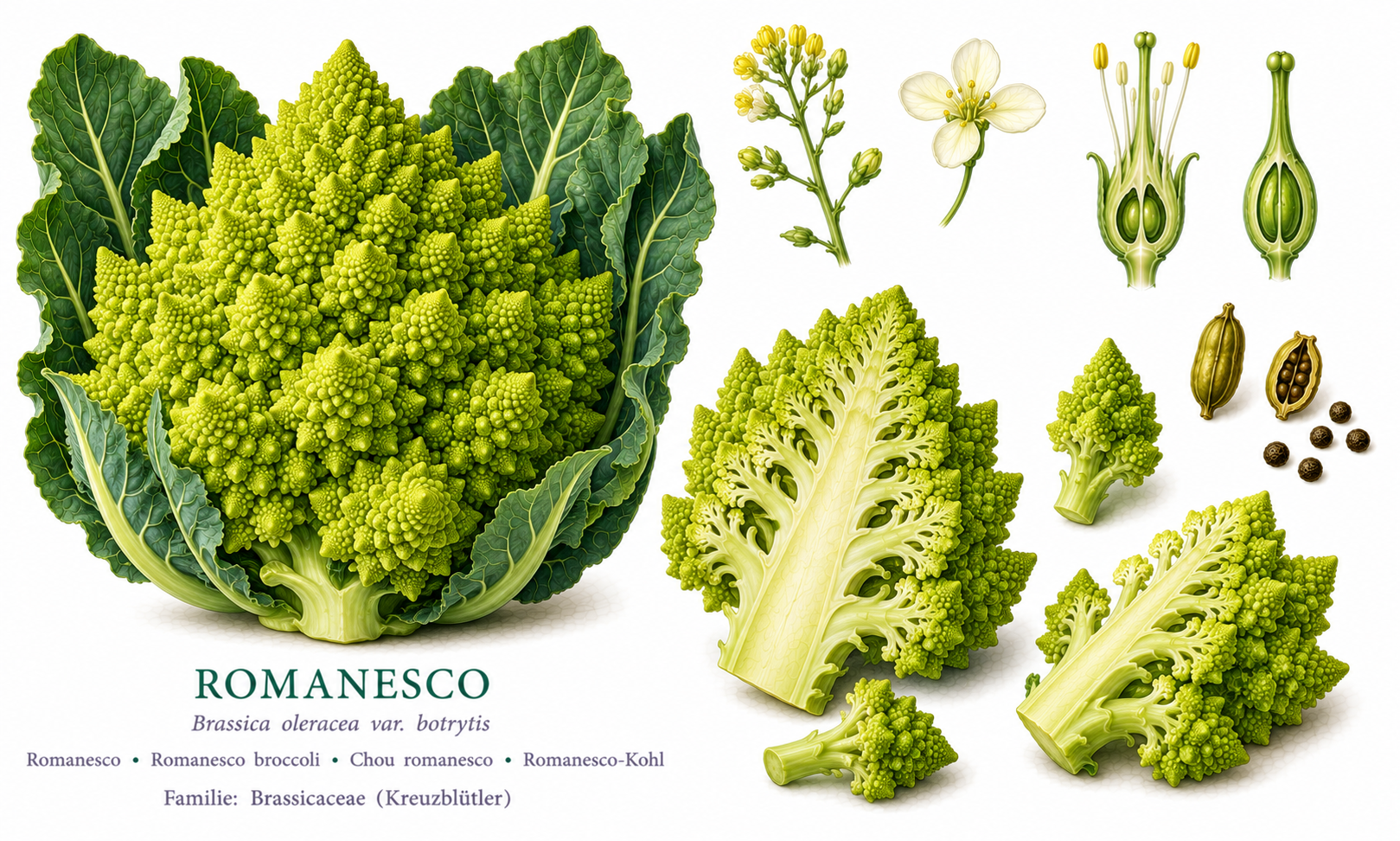 Romanesco broccoli plant card: Vegetables, Mustards, Harvest Aug, Sep, Oct, Nov