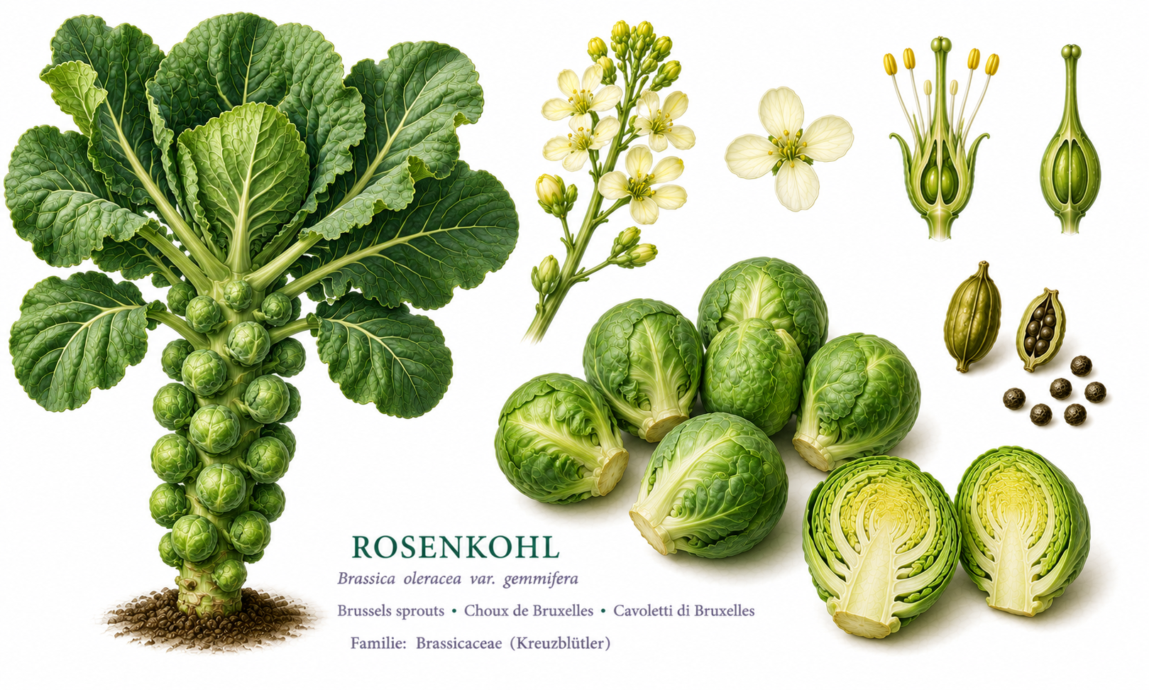 Brussels sprouts (Brassica oleracea var. gemmifera): plant portrait for plant portrait - Vegetables, Mustard family, Sunny
