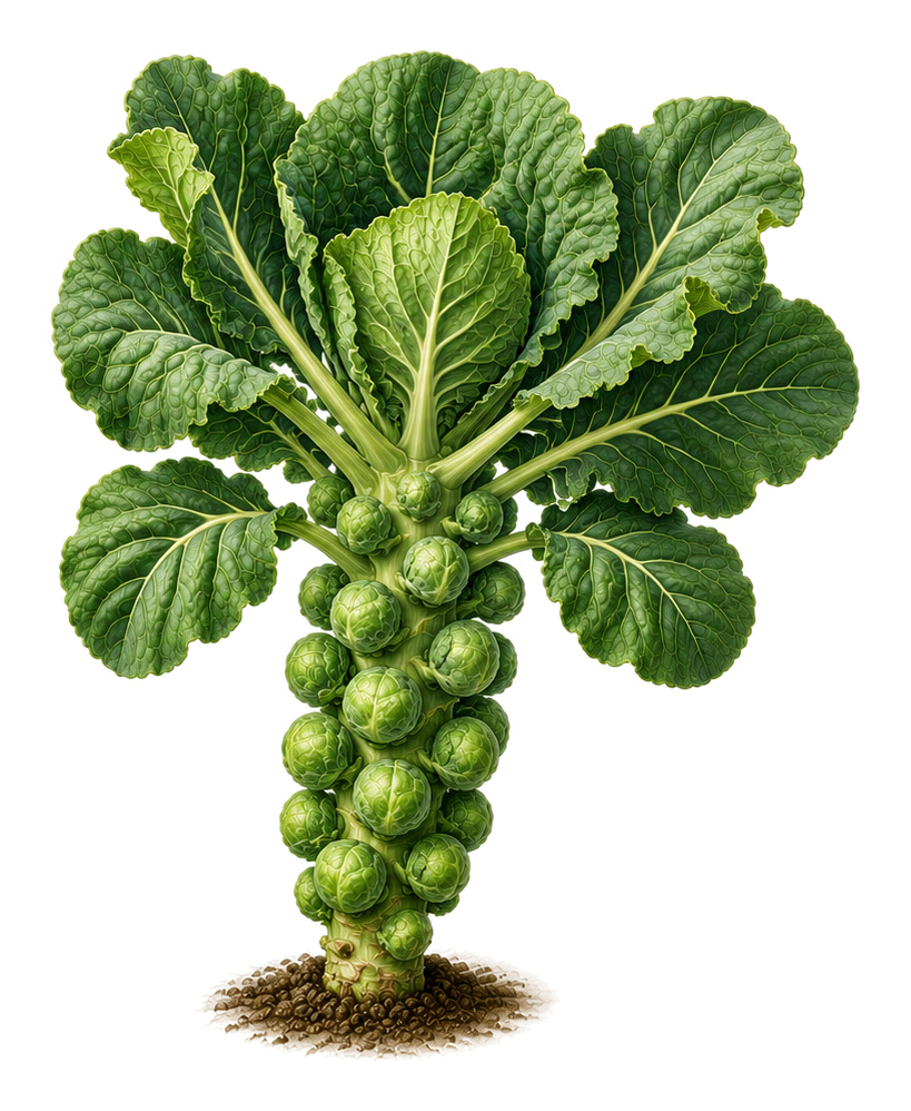Brussels sprouts (Brassica oleracea var. gemmifera): whole plant for plant portrait - Cabbages, Mustard family, Sunny to