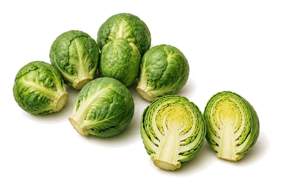 Brussels sprouts (Brassica oleracea var. gemmifera): whole plant for plant portrait - Cabbages, Mustard family, Sunny to