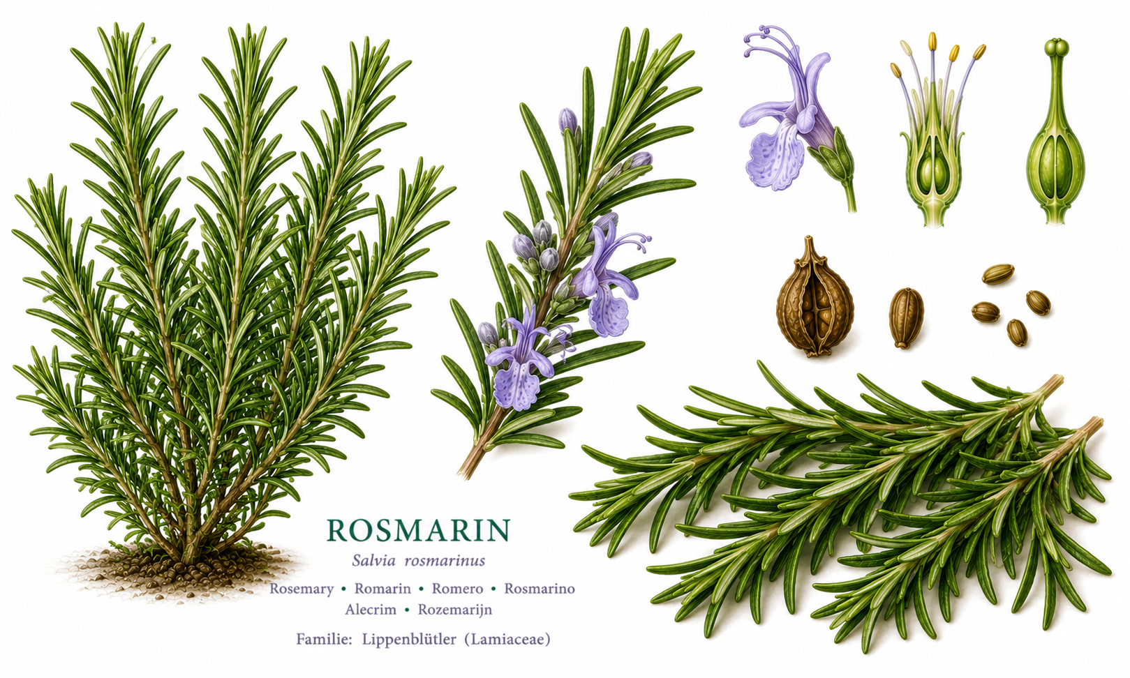 Rosmarin (Rosmarinus tomentosus): Pflanzenportrait für Pflanzenportrait - Kräuter, Lippenblütler, Ernten Jan, Feb, Mär, Apr