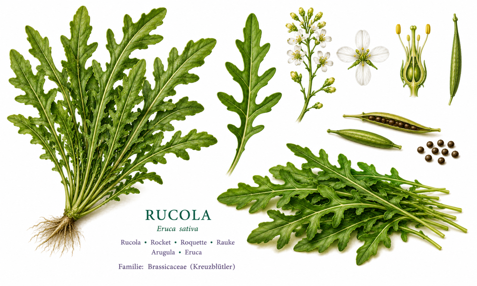 Rucola Pflanzenkarte: Gemüse, Kreuzblütengewächse, Ernten Mai, Jun, Jul, Aug, Sep, Okt