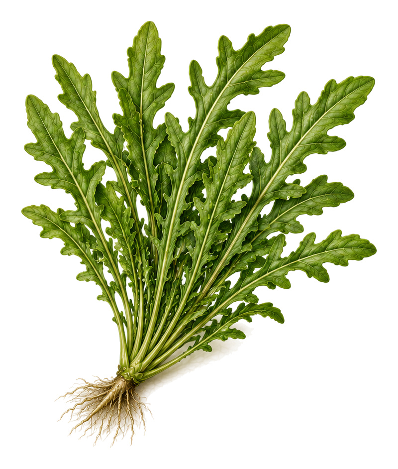 Rucola (Eruca vesicaria subsp. sativa): Ganze Pflanze für Pflanzenportrait - Blattgemüse, Kreuzblütengewächse, Ernten Mai