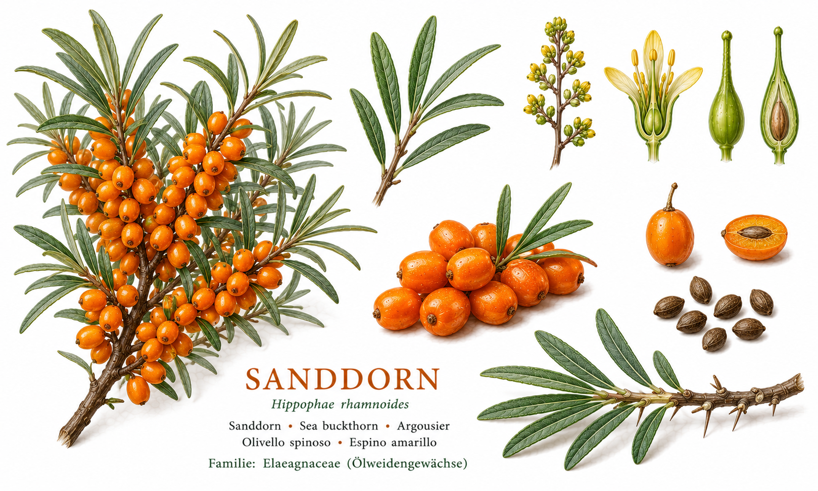 Sanddorn (Hippophae rhamnoides): Pflanzenportrait für Pflanzenportrait - Obst, Ölweidengewächse, Ernten Aug, Sep, Okt