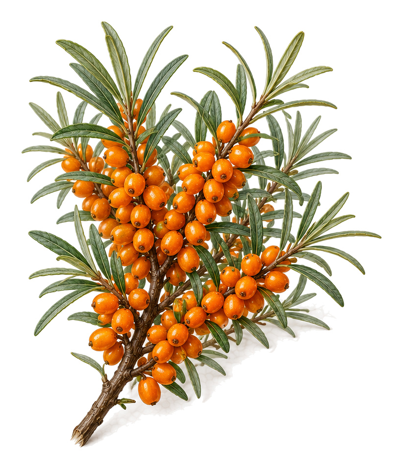 Sea Buckthorn (Hippophae rhamnoides): whole plant for plant portrait - Berries, Oleaster family, Harvest August - October