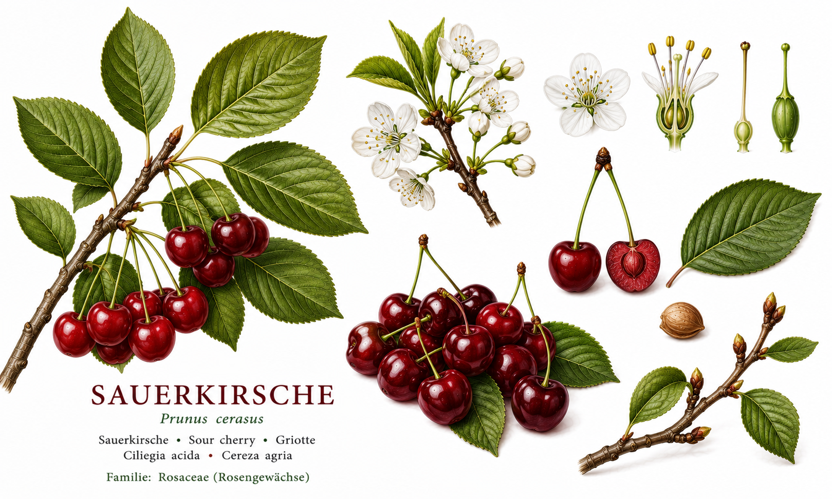 Sauerkirsche Pflanzenkarte: Obst, Rosengewächse, Sonnig bis halbschattig