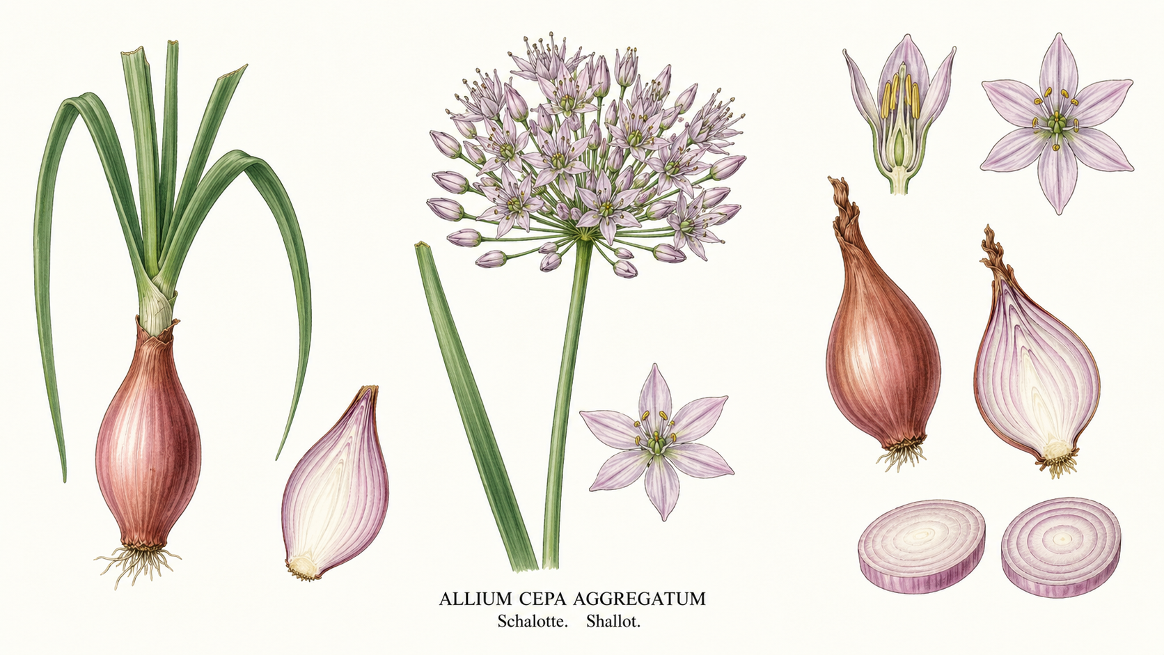 Shallot plant card: Vegetables, Amaryllis family, Harvest Jul, Aug