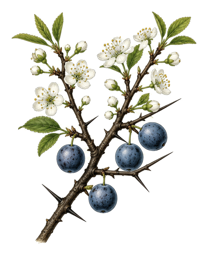 Blackthorn (Prunus spinosa): whole plant for plant portrait - Wild plants, Rose family, Harvest October - December