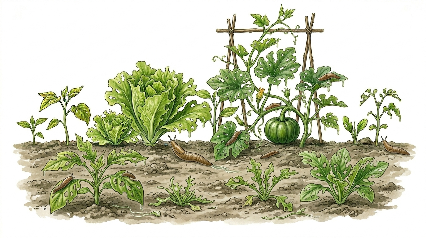 Botanical illustration of above-ground vegetable plants like lettuce and pumpkin showing clear feeding damage with slugs