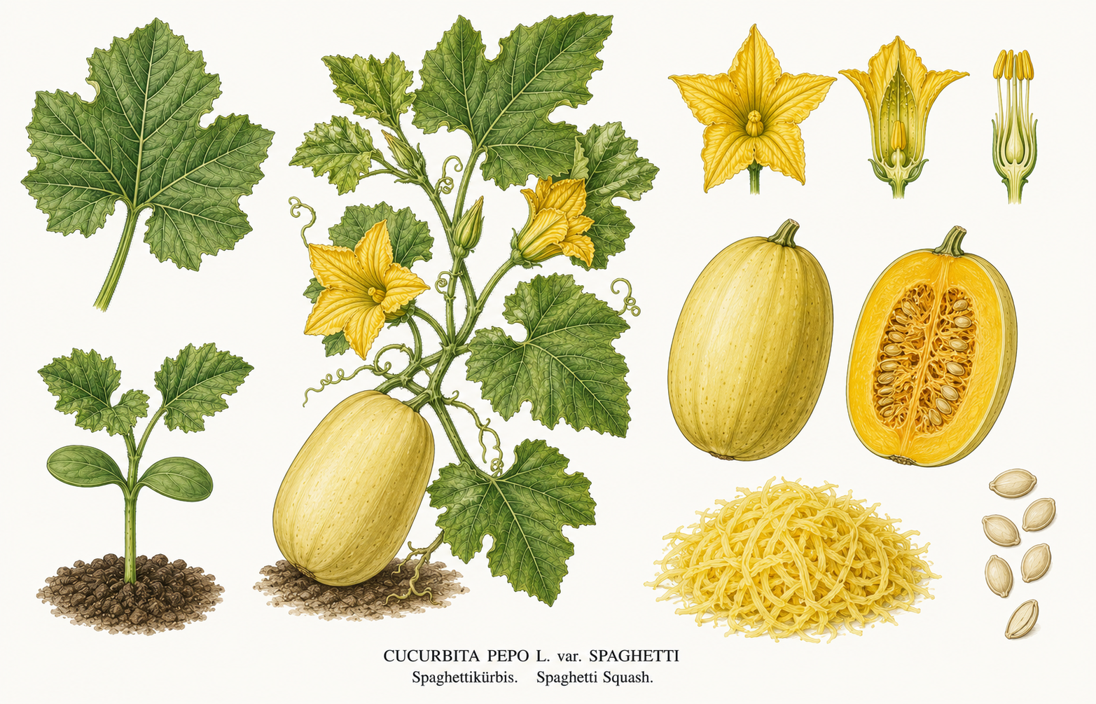 Spaghetti squash plant card: Vegetables, Gourd family, Harvest Aug, Sep, Oct