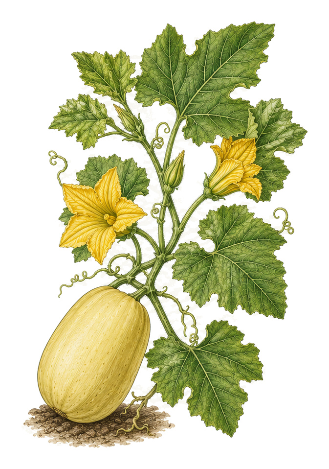 Spaghetti squash (Cucurbita pepo): whole plant for plant portrait - Cucurbits, Gourd family, Harvest August - October