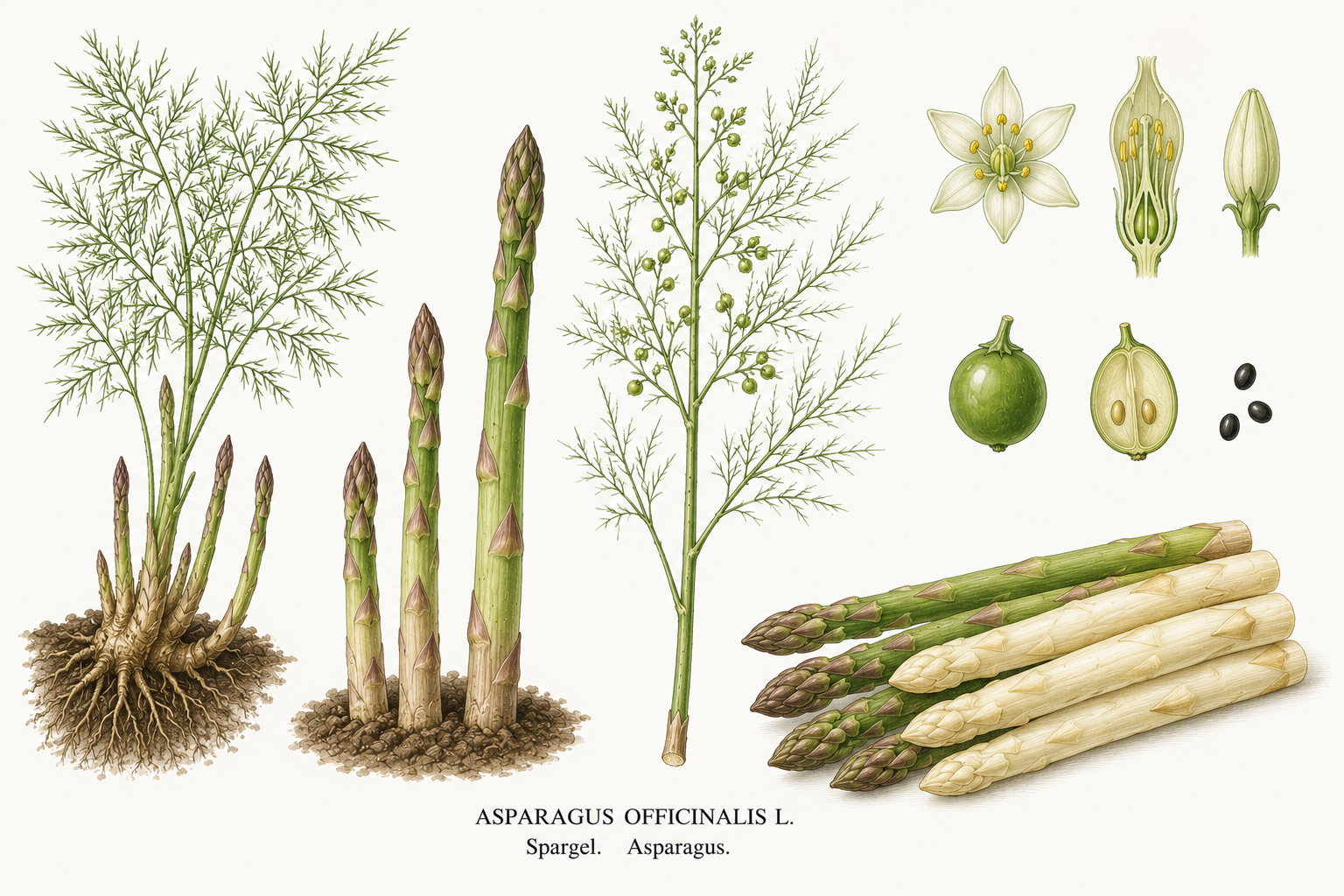 Asparagus plant card: Vegetables, Asparagus family, Harvest Apr, May, Jun