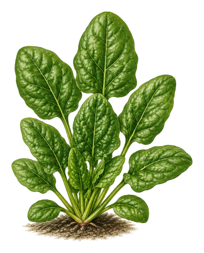 Spinach (Spinacia oleracea): whole plant for plant portrait - Leafy vegetables, Amaranth family, Harvest April - December
